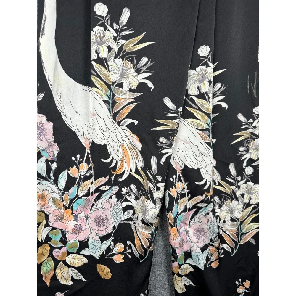 Zara Floral Crane Print Wide Leg Pants Womens Small Black Satin Cropped Pleated - Picture 6 of 14